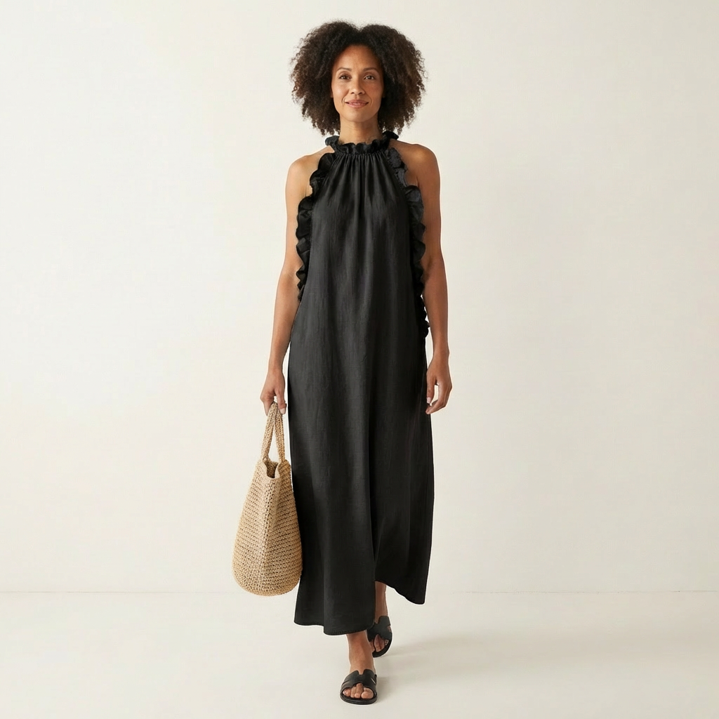 Lyara | Vertical Ruffle Halter Neck Maxi Dress