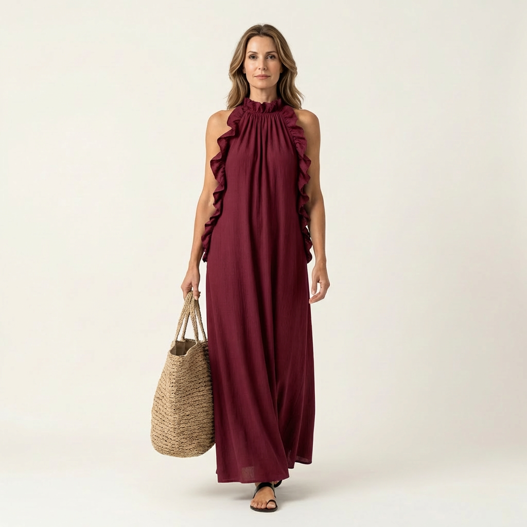 Lyara | Vertical Ruffle Halter Neck Maxi Dress