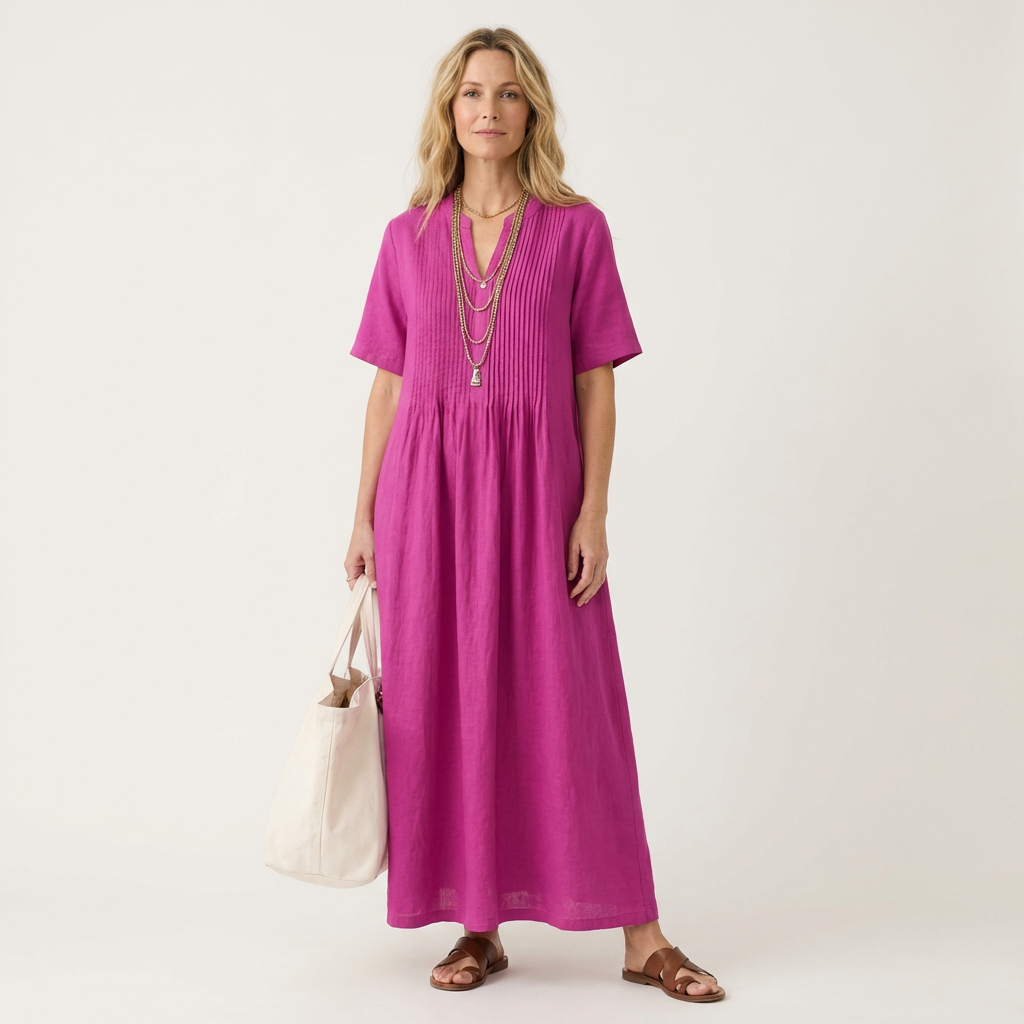 Calea | Pintuck V-Neck Cotton-Linen Maxi Dress