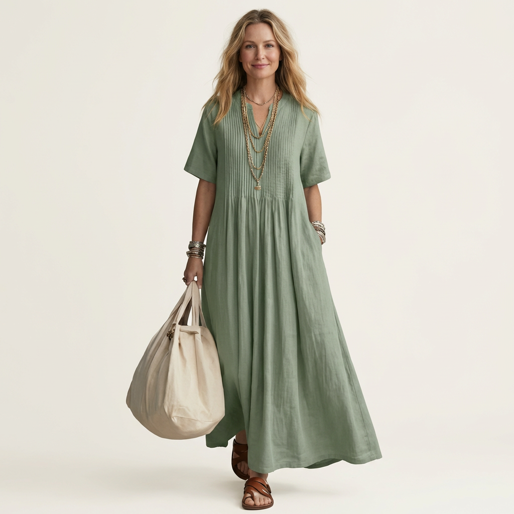 Calea | Pintuck V-Neck Cotton-Linen Maxi Dress