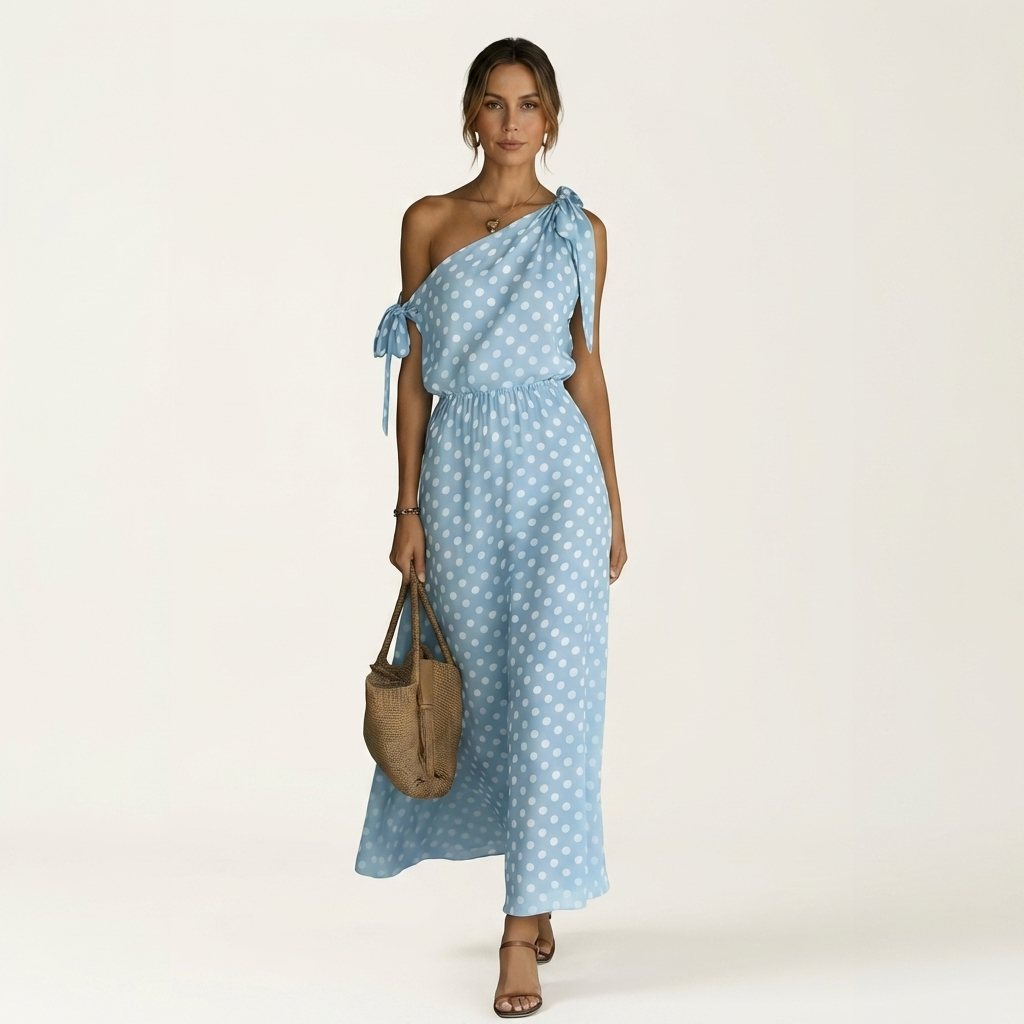 Yolina | One-Shoulder Polka Dot Maxi Dress