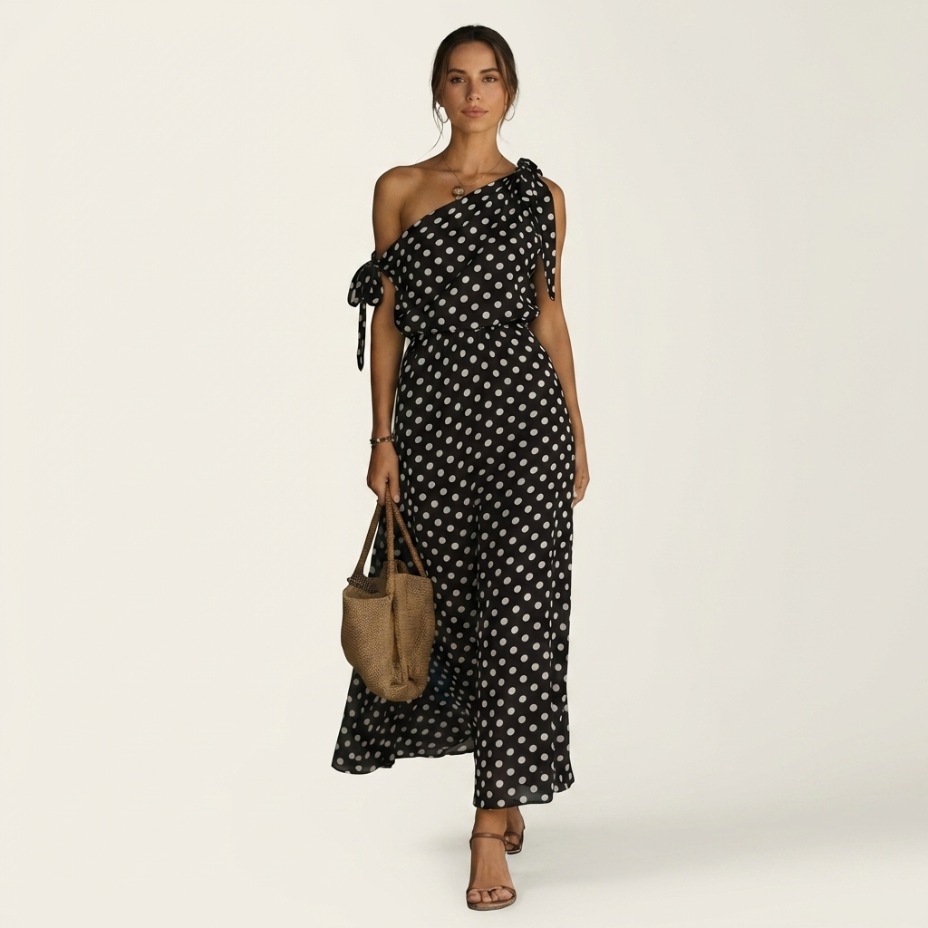 Yolina | One-Shoulder Polka Dot Maxi Dress