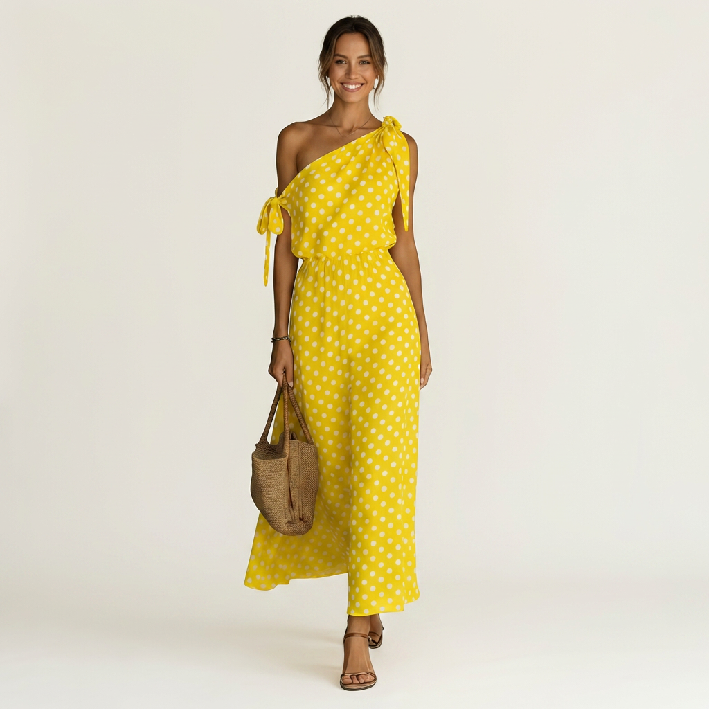 Yolina | One-Shoulder Polka Dot Maxi Dress