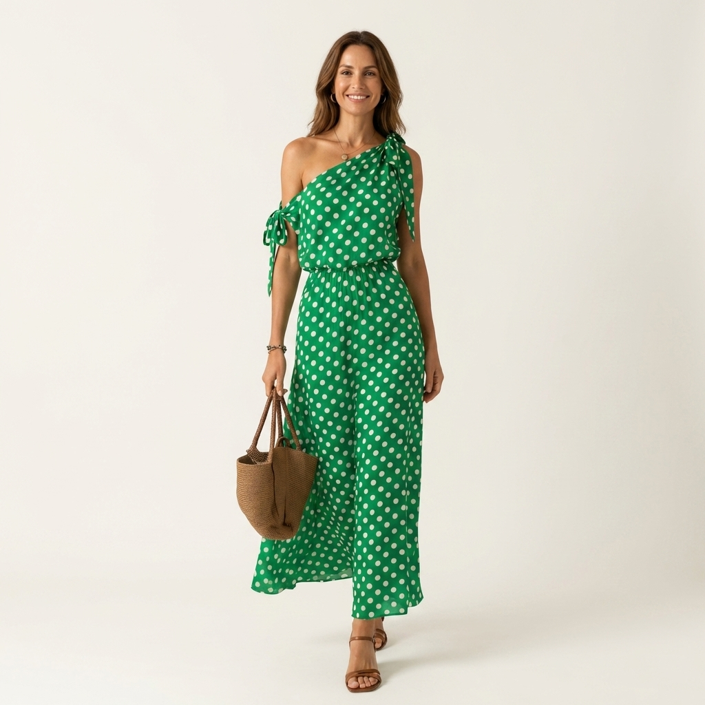 Yolina | One-Shoulder Polka Dot Maxi Dress