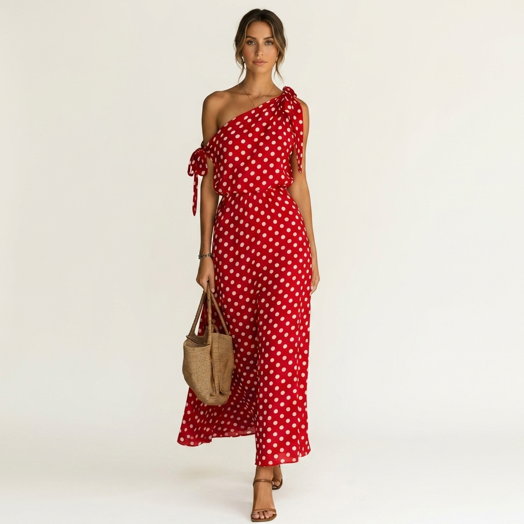 Yolina | One-Shoulder Polka Dot Maxi Dress