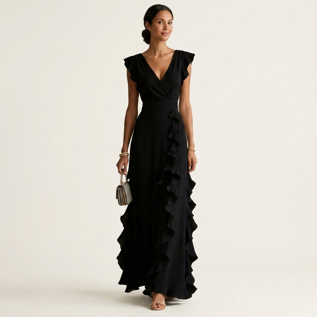 Nellyana | Wrap-Style V-Neck Ruffle Maxi Dress