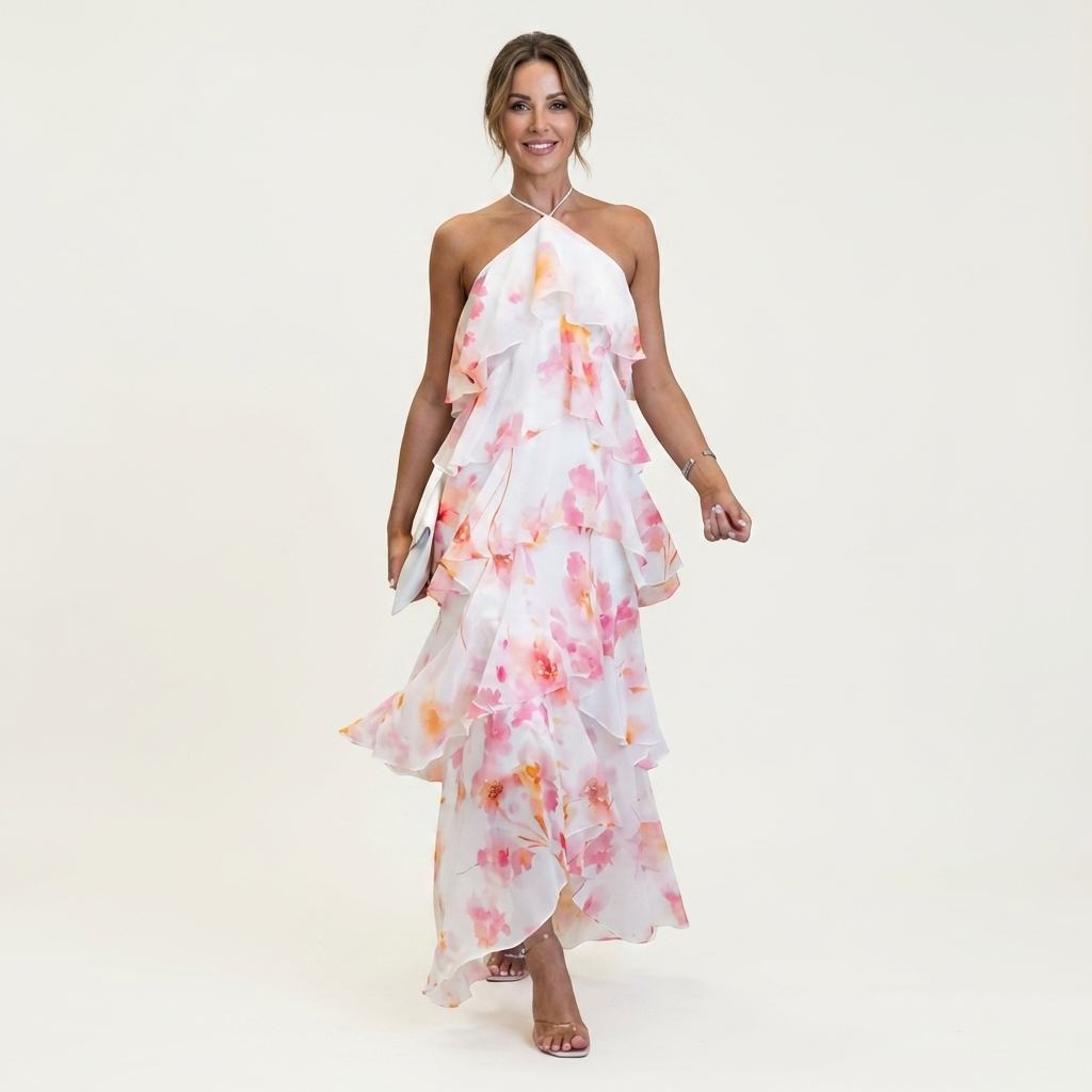 Lilia | Floral Halter-Neck Tiered Ruffle Maxi Dress