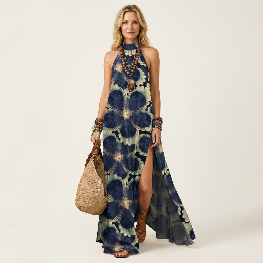 Noliana | Halter-Neck Boho Print Maxi Dress with High Slit
