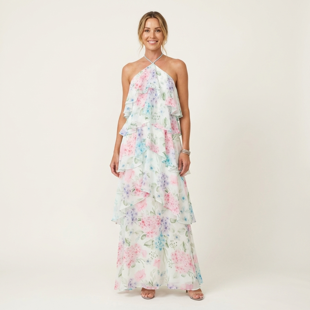 Lilia | Floral Halter-Neck Tiered Ruffle Maxi Dress