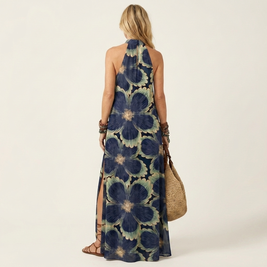 Noliana | Halter-Neck Boho Print Maxi Dress with High Slit