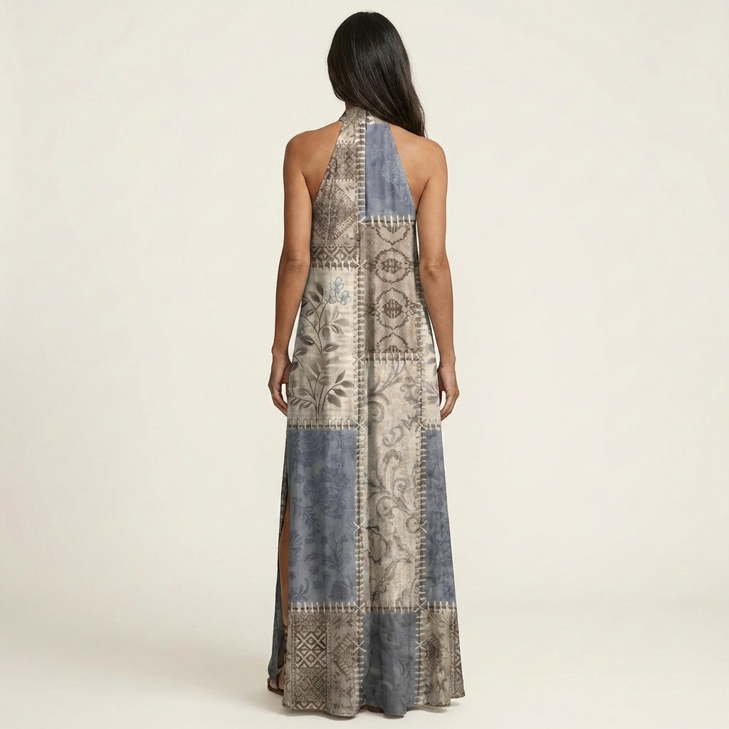 Noliana | Halter-Neck Boho Print Maxi Dress with High Slit