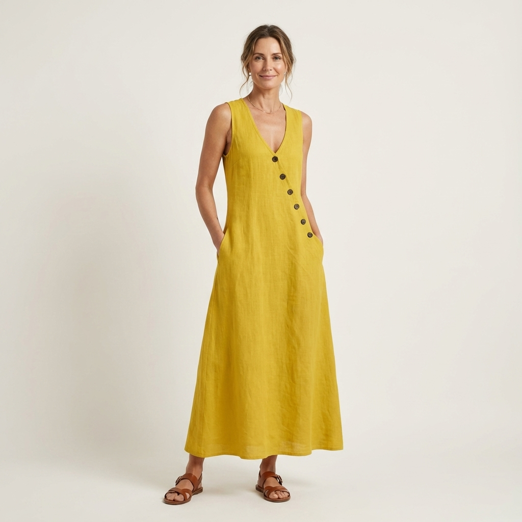 Amelie | V-Neck Sleeveless Button-Detail Linen Maxi Dress