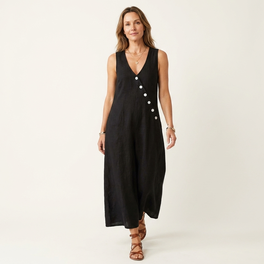 Amelie | V-Neck Sleeveless Button-Detail Linen Maxi Dress