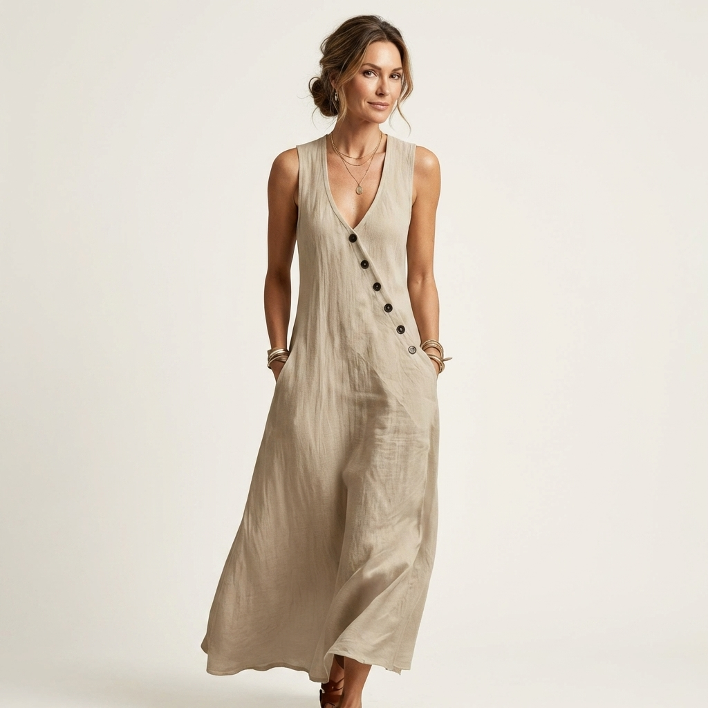 Amelie | V-Neck Sleeveless Button-Detail Linen Maxi Dress
