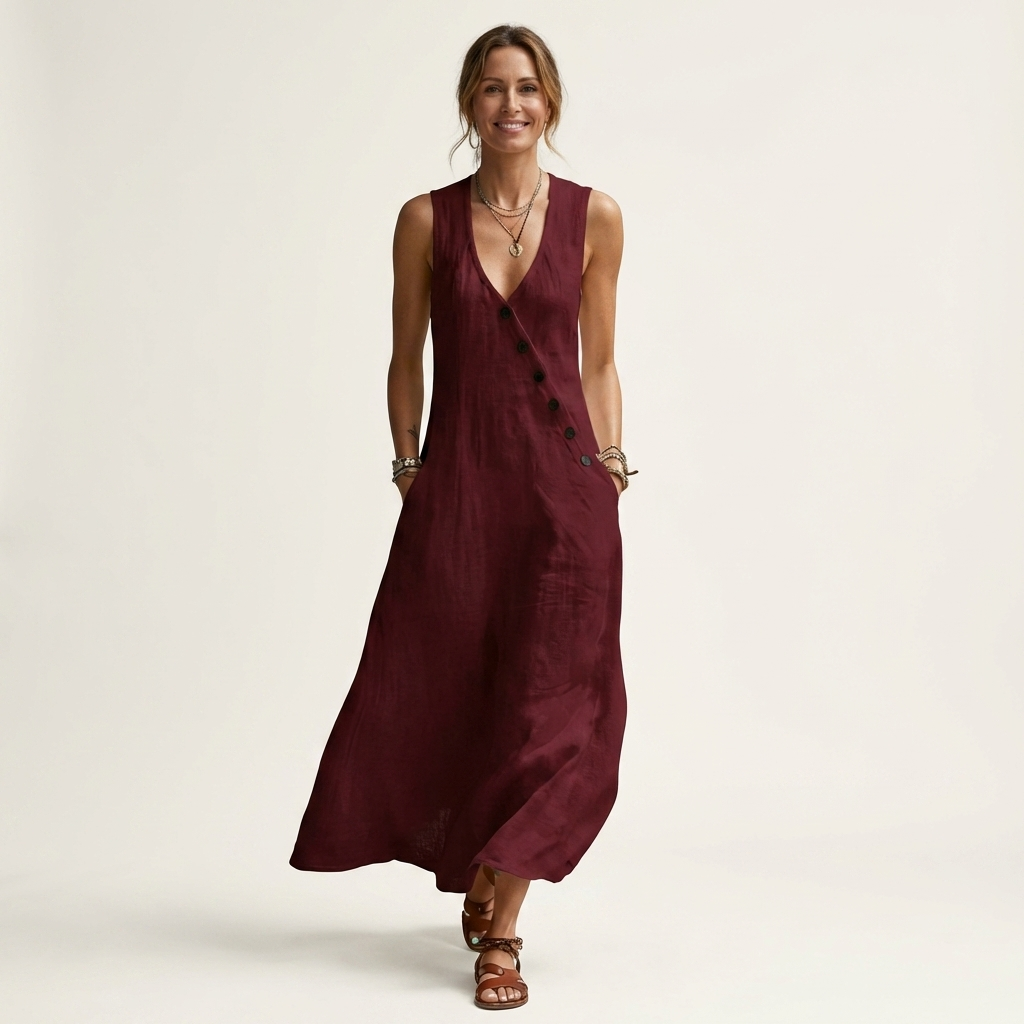 Amelie | V-Neck Sleeveless Button-Detail Linen Maxi Dress