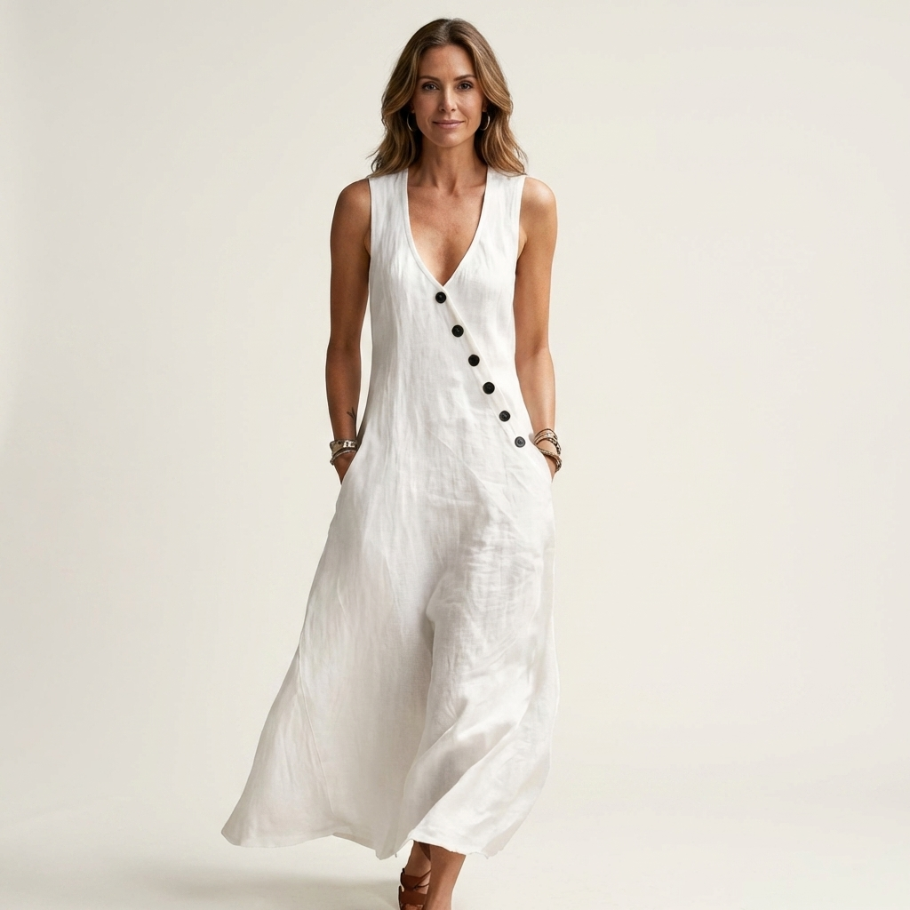 Amelie | V-Neck Sleeveless Button-Detail Linen Maxi Dress