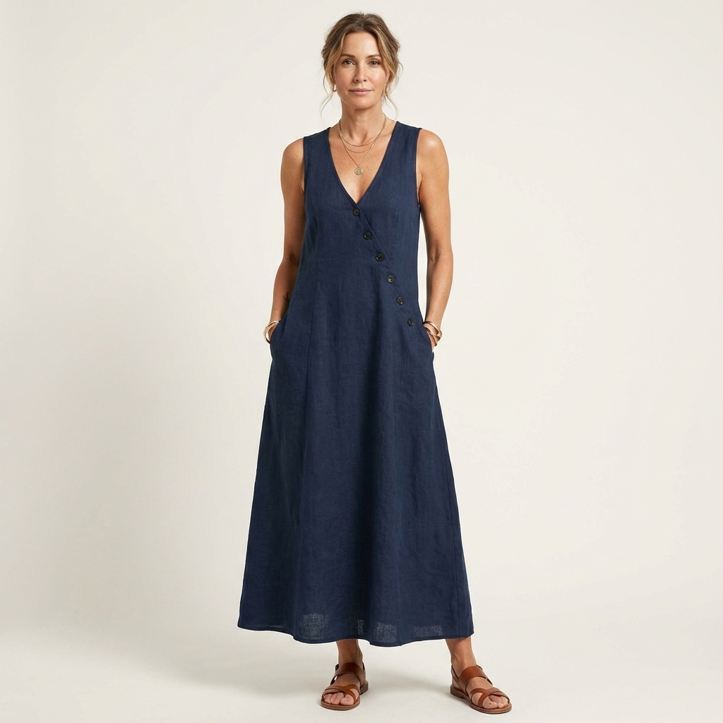 Amelie | V-Neck Sleeveless Button-Detail Linen Maxi Dress
