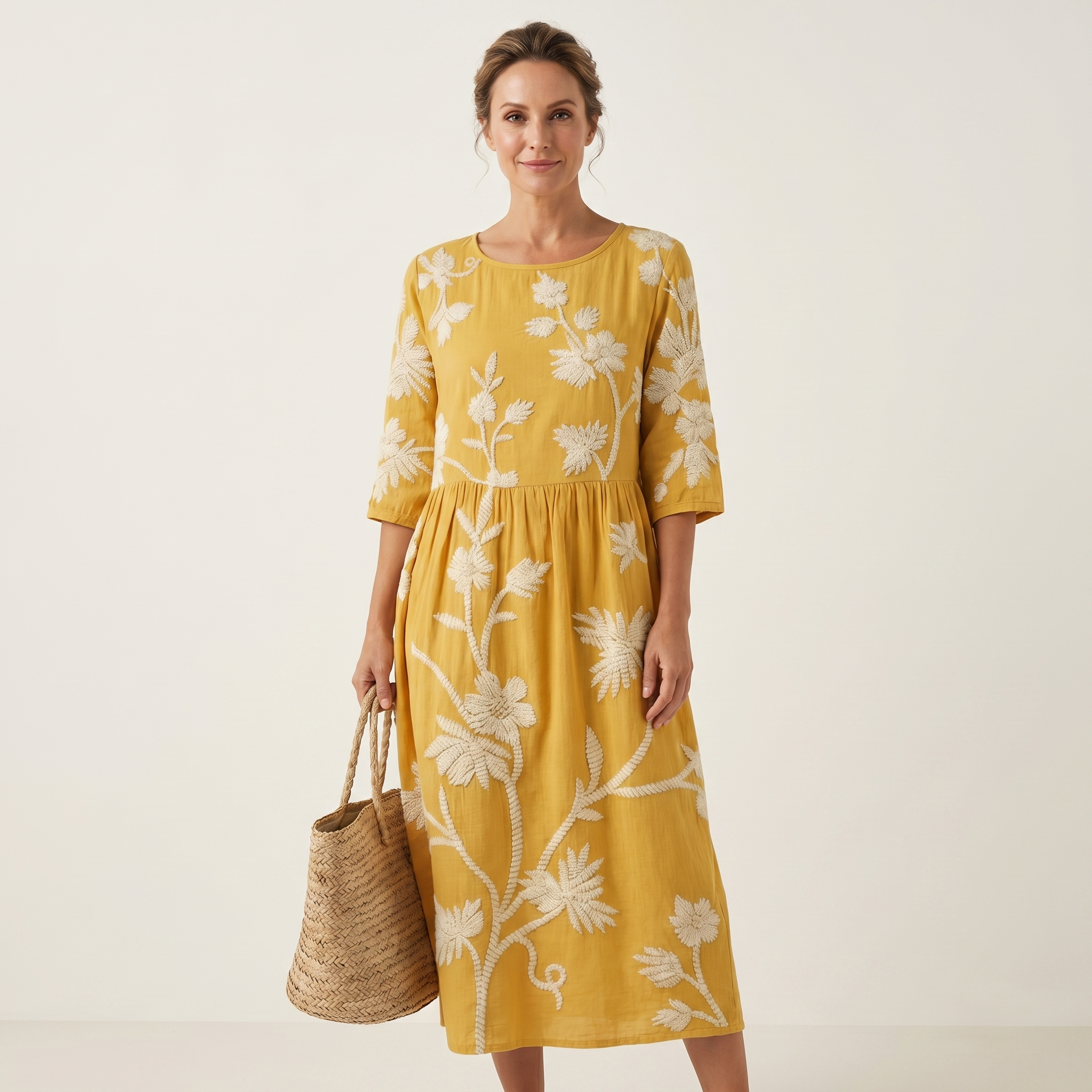 Lauren | Raised Floral Embroidery Cotton Midi Dress