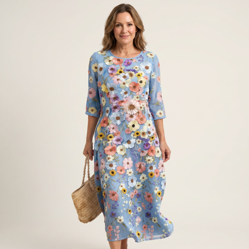 Brooke | Raised Floral Embroidery Cotton Midi Dress