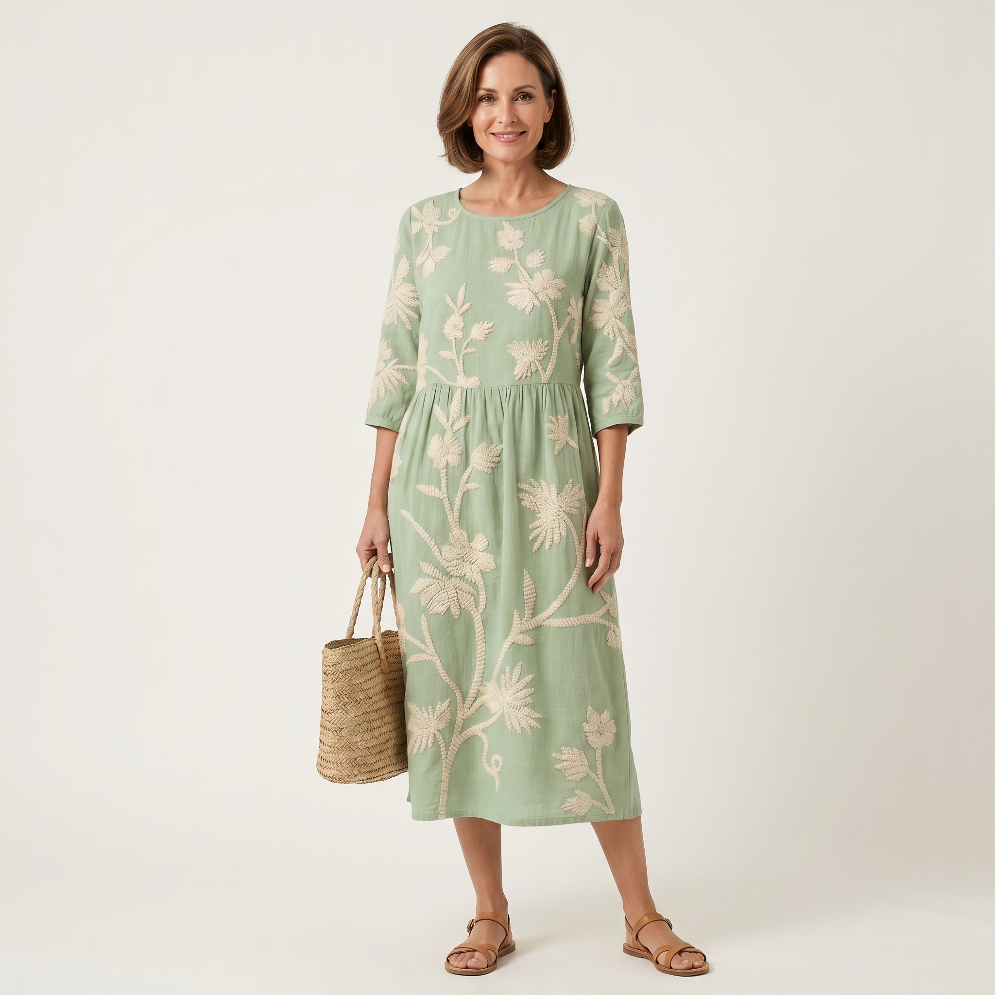 Paige | Raised Floral Embroidery Cotton Midi Dress