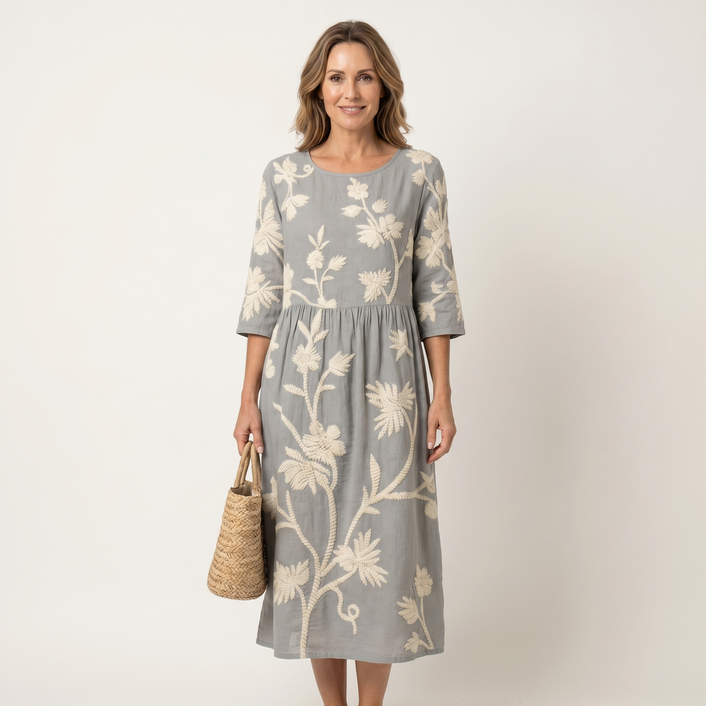Sydney | Raised Floral Embroidery Cotton Midi Dress