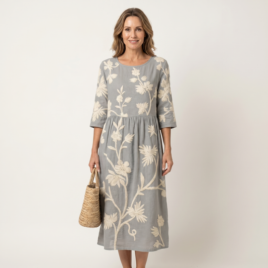 Sydney | Raised Floral Embroidery Cotton Midi Dress