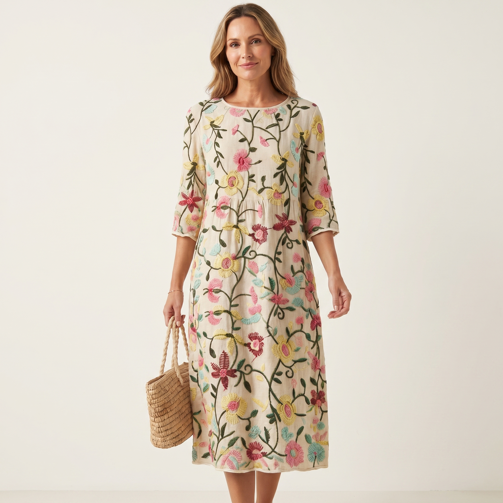 Erica | Raised Floral Embroidery Cotton Midi Dress