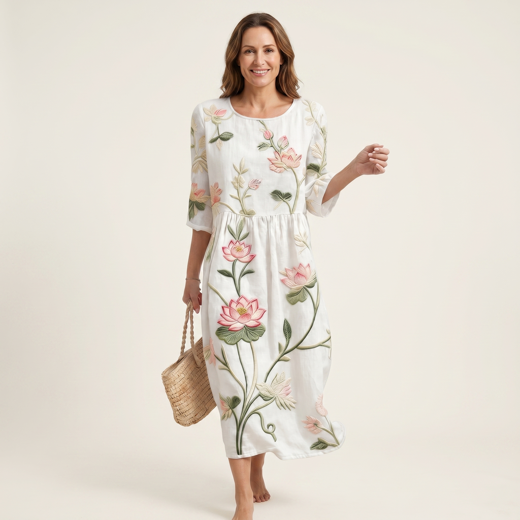 Chloe | Raised Floral Embroidery Cotton Midi Dress