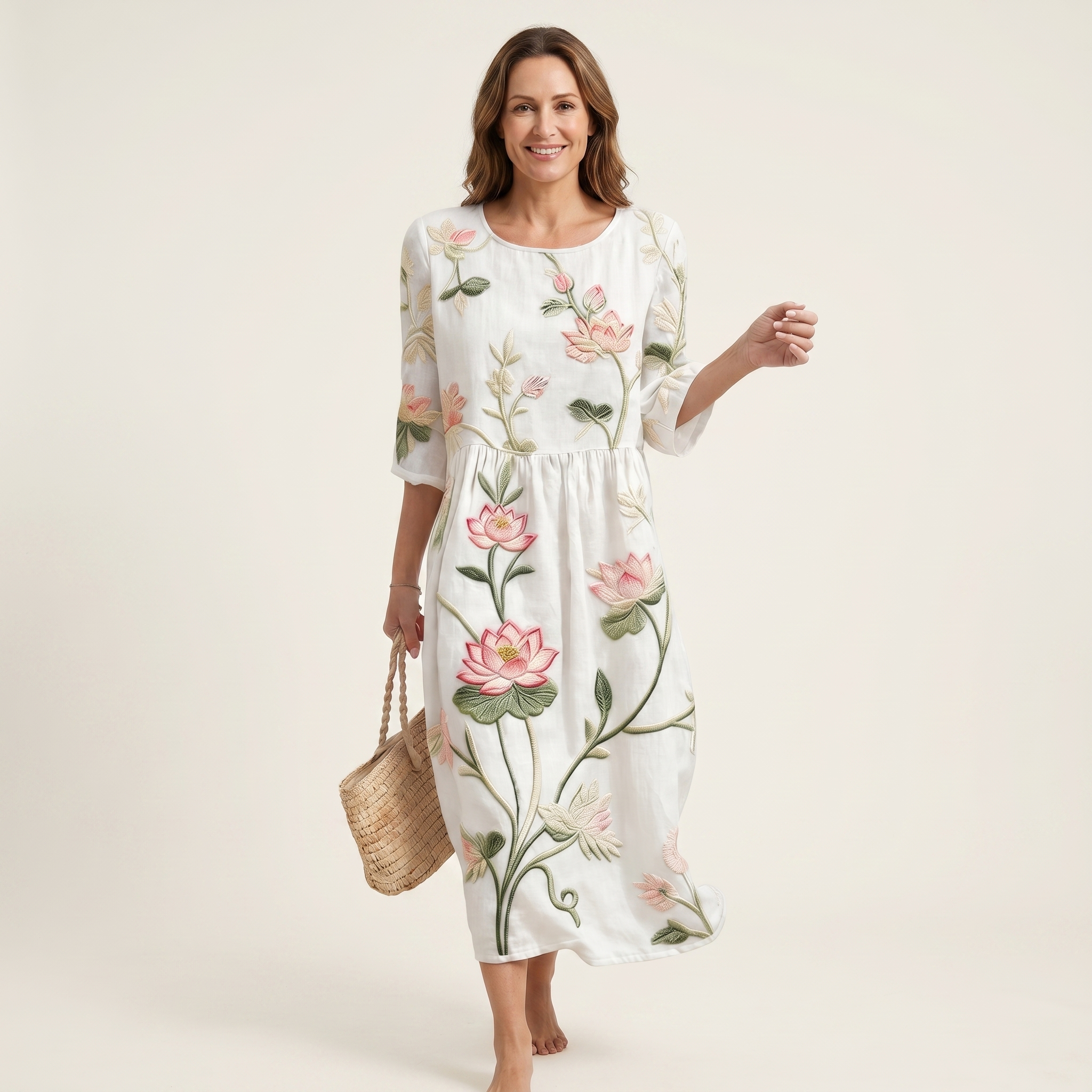 Chloe | Raised Floral Embroidery Cotton Midi Dress