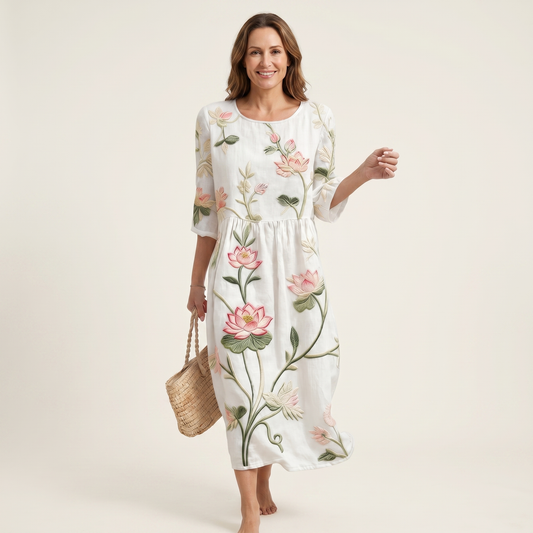 Chloe | Raised Floral Embroidery Cotton Midi Dress