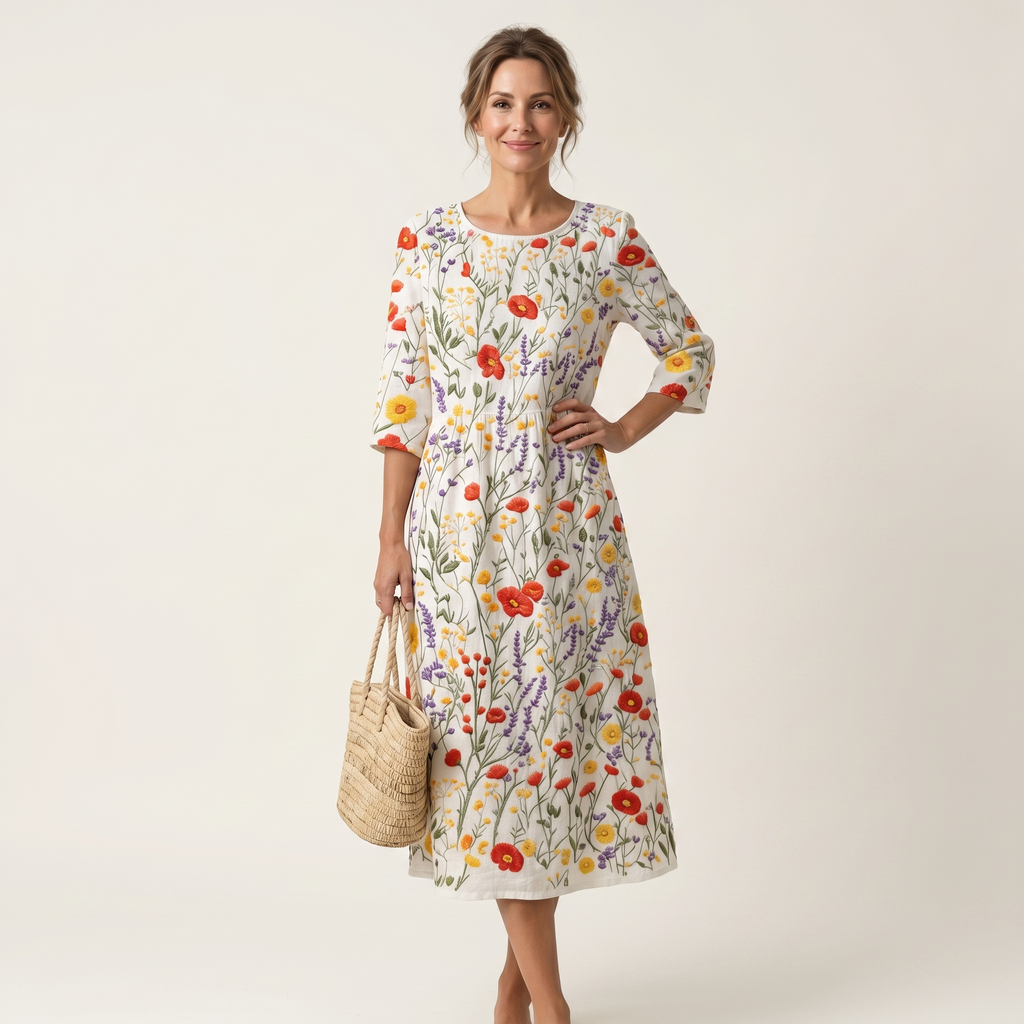 Nicole | Raised Floral Embroidery Cotton Midi Dress