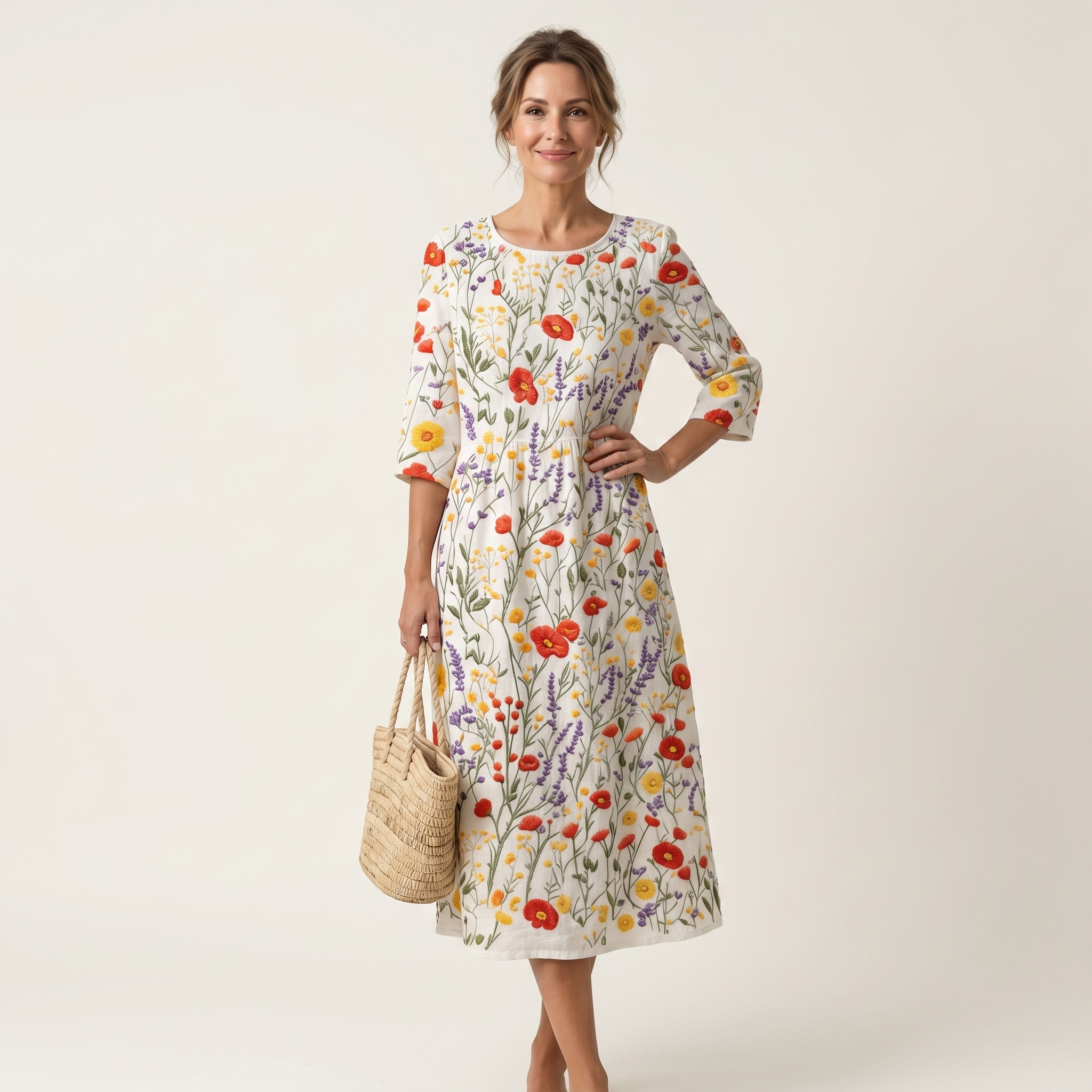 Nicole | Raised Floral Embroidery Cotton Midi Dress