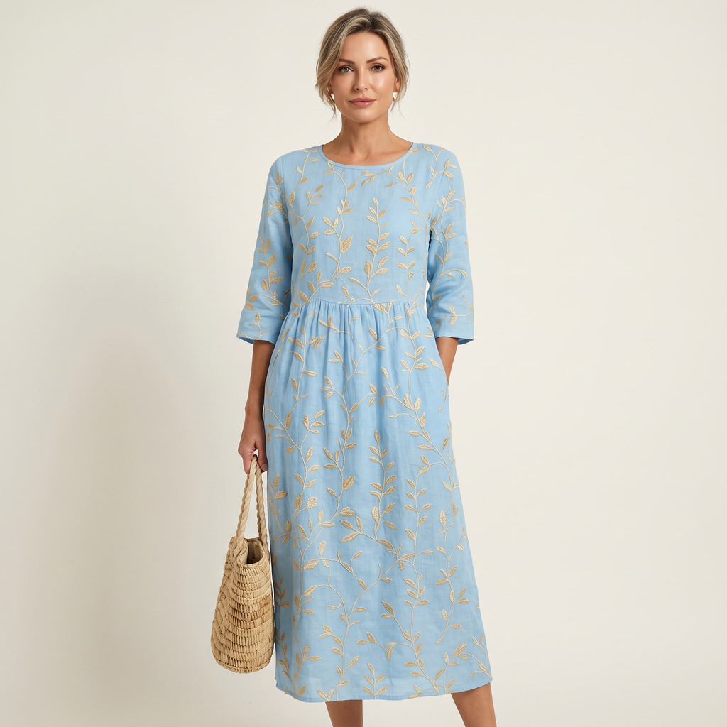 Jade | Raised Floral Embroidery Cotton Midi Dress