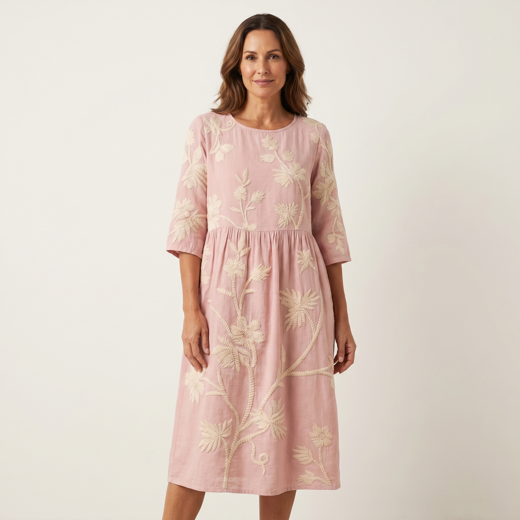 Brianna | Raised Floral Embroidery Cotton Midi Dress