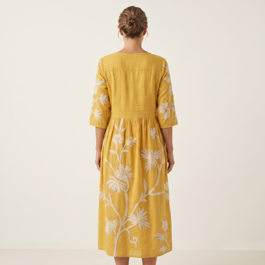 Lauren | Raised Floral Embroidery Cotton Midi Dress