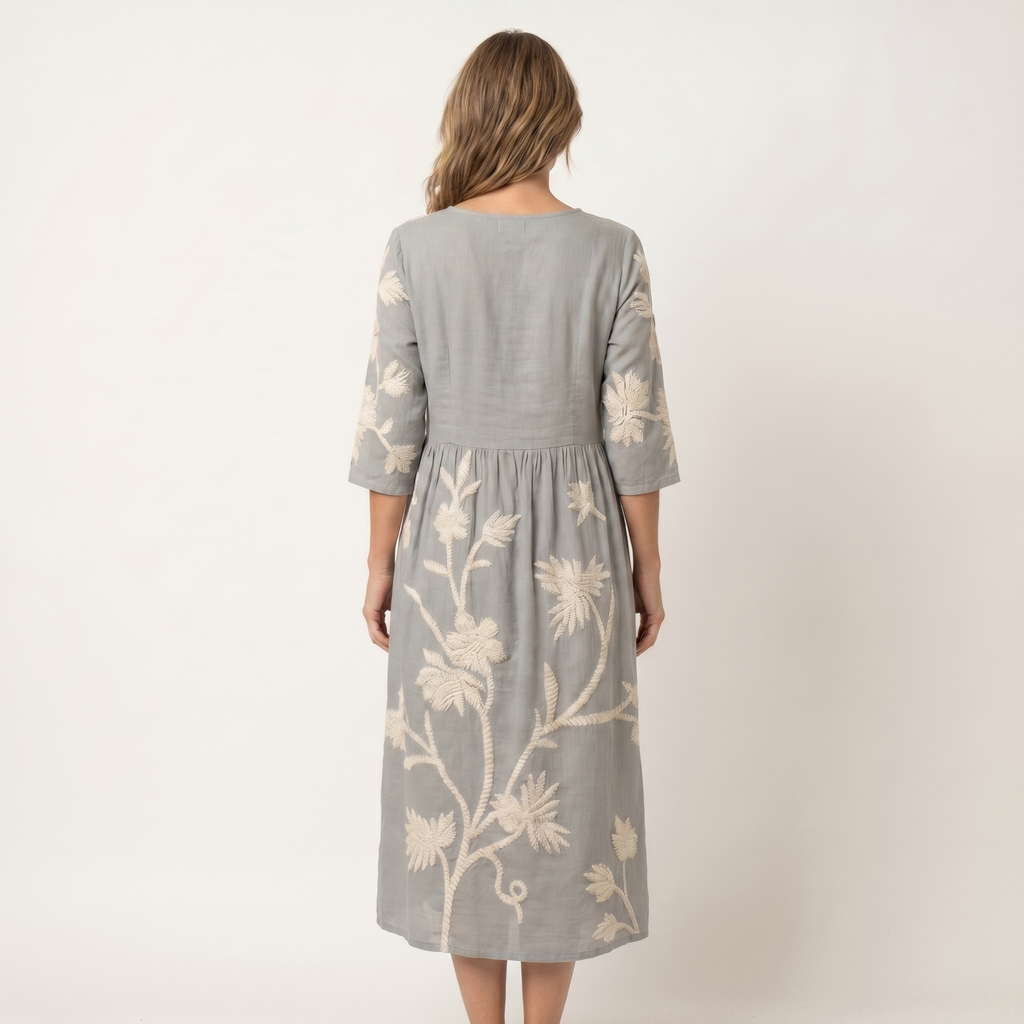 Sydney | Raised Floral Embroidery Cotton Midi Dress