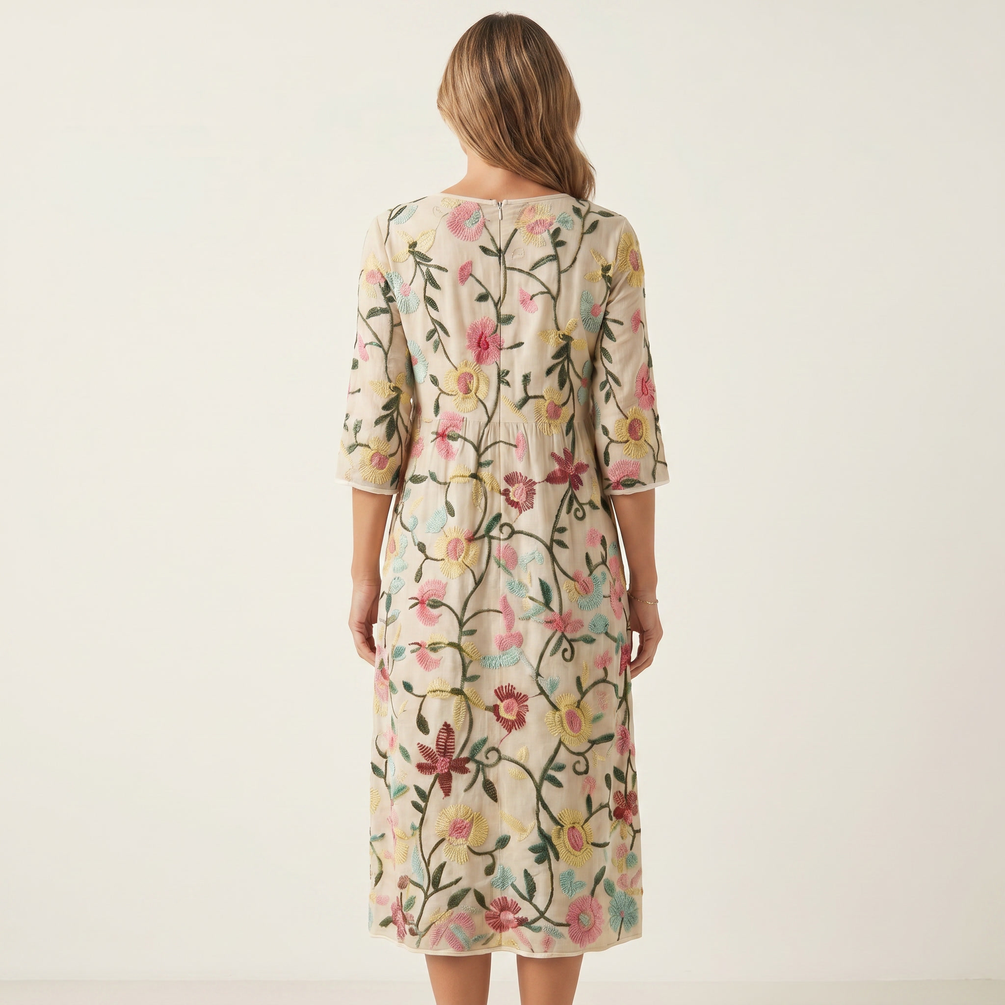 Erica | Raised Floral Embroidery Cotton Midi Dress