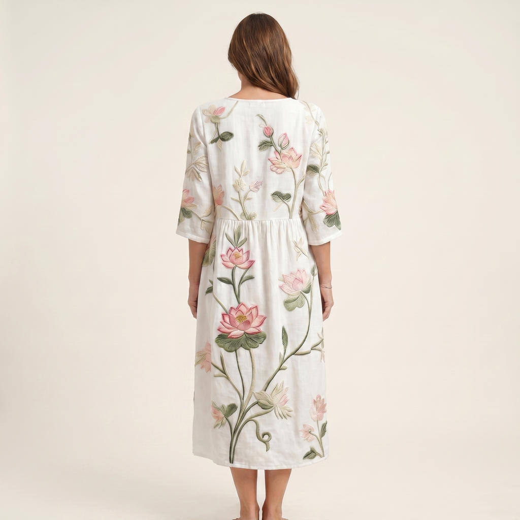 Chloe | Raised Floral Embroidery Cotton Midi Dress
