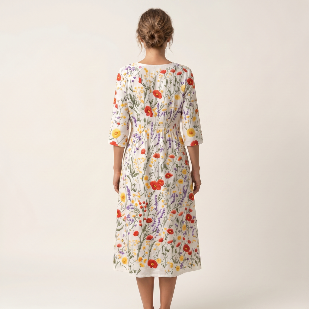 Nicole | Raised Floral Embroidery Cotton Midi Dress