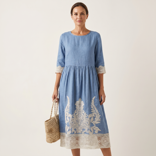 Amber | Raised Floral Embroidery Cotton Midi Dress