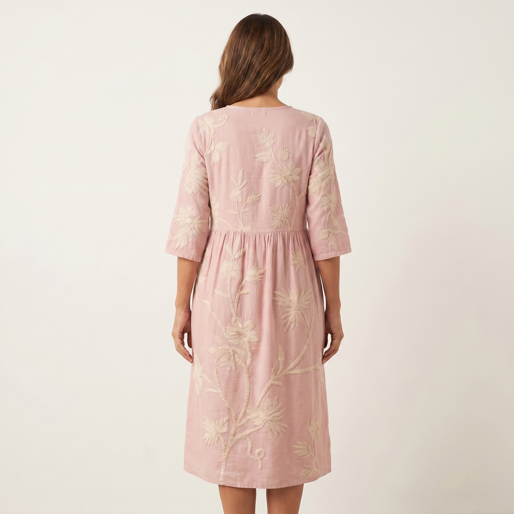 Brianna | Raised Floral Embroidery Cotton Midi Dress