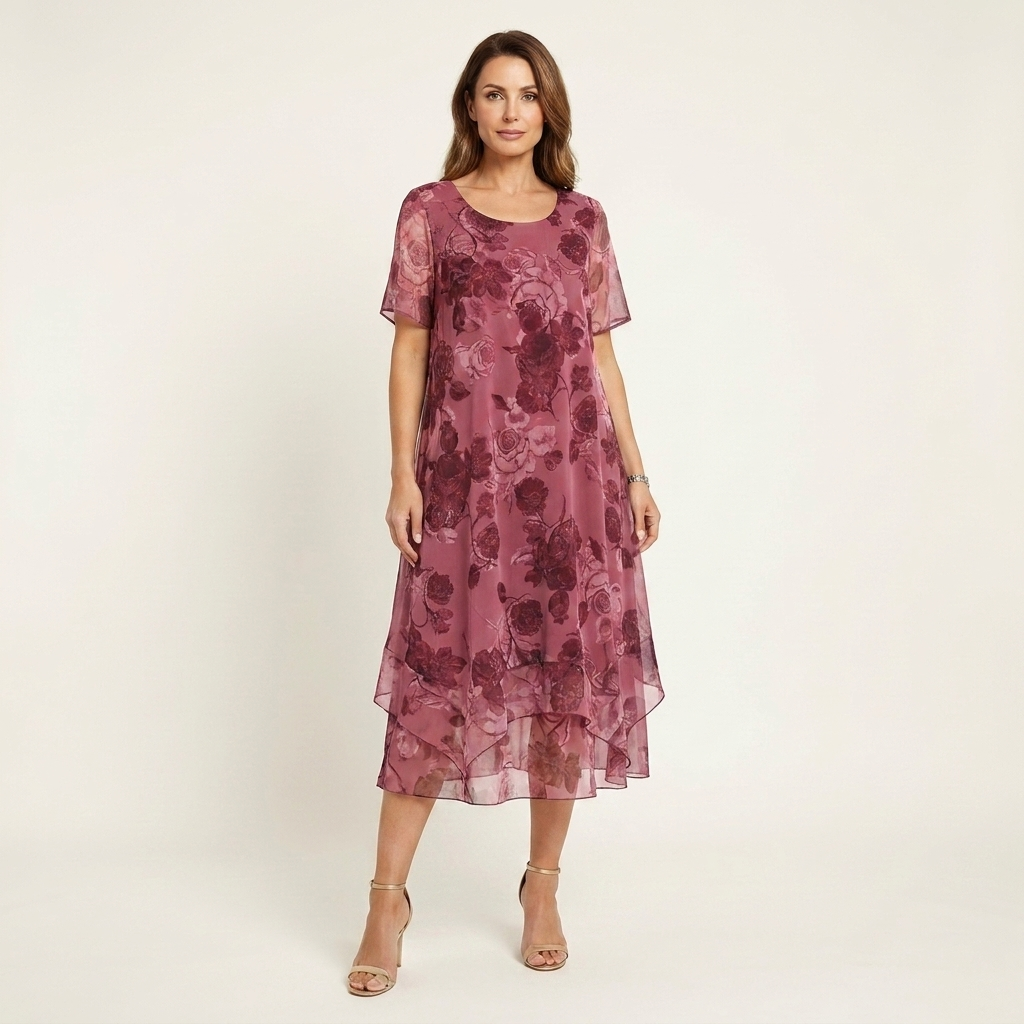 Tiana | Floral Print Layered Chiffon Midi Dress