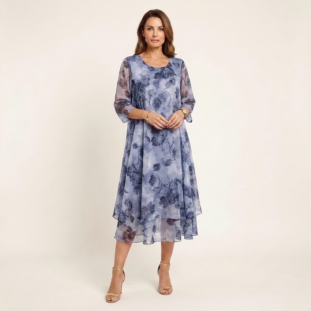 Tiana | Floral Print Layered Chiffon Midi Dress