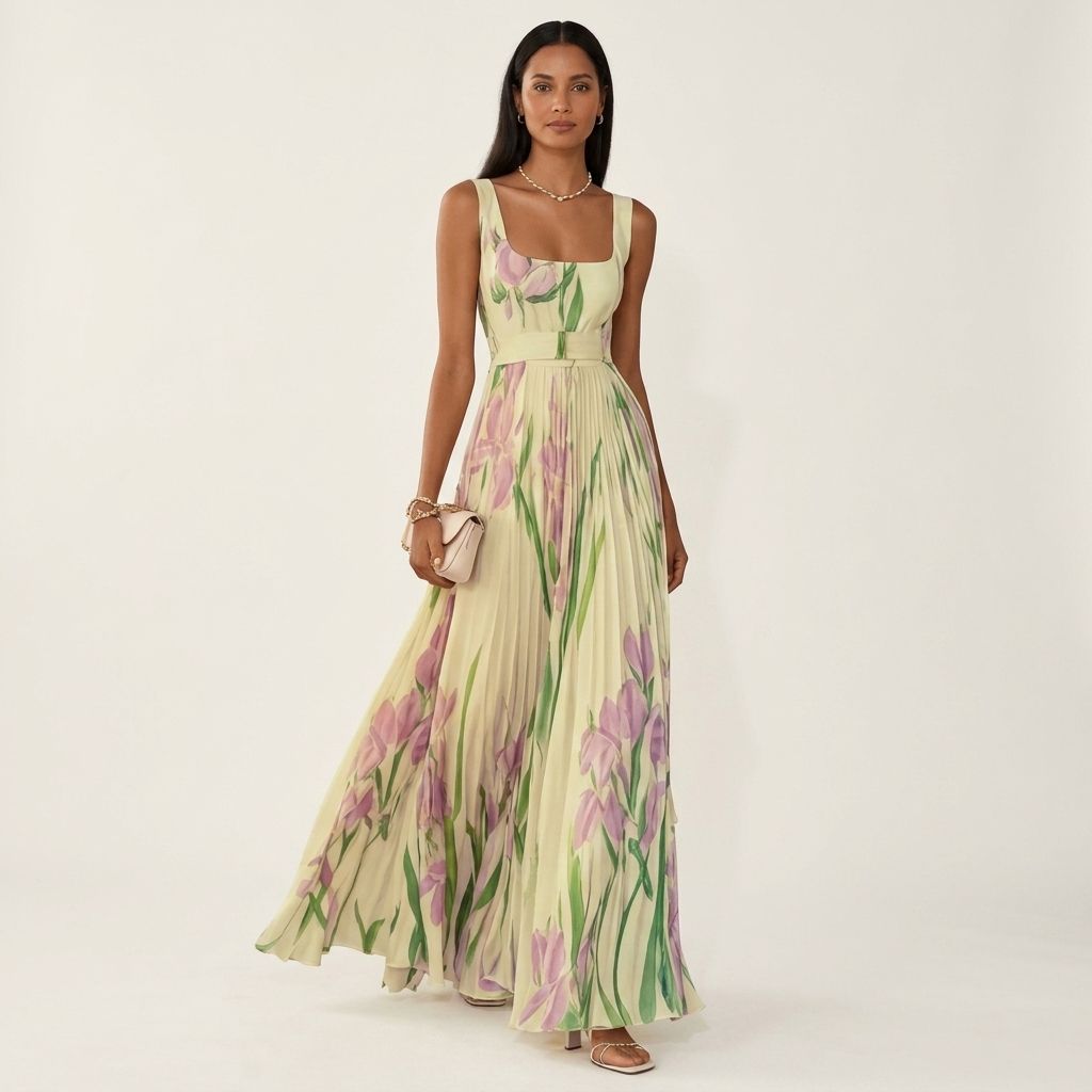 Irene | Floral Pleated Square-Neck Maxi Dress