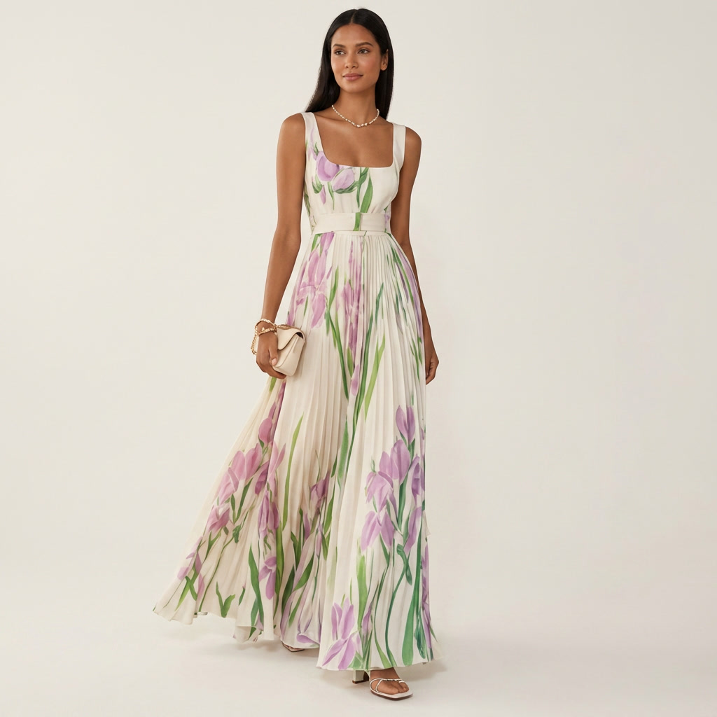 Irene | Floral Pleated Square-Neck Maxi Dress