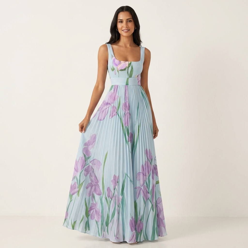 Irene | Floral Pleated Square-Neck Maxi Dress