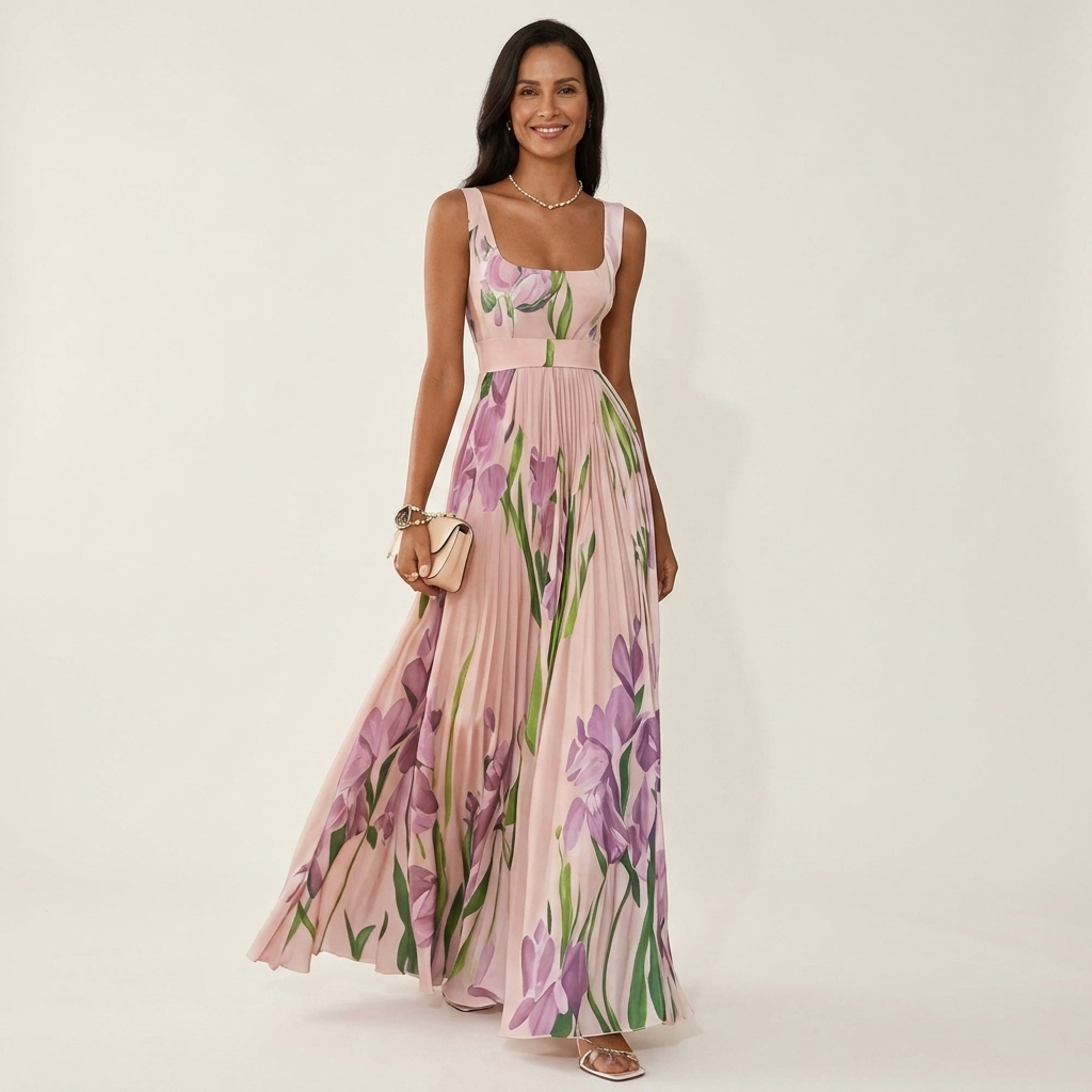 Irene | Floral Pleated Square-Neck Maxi Dress