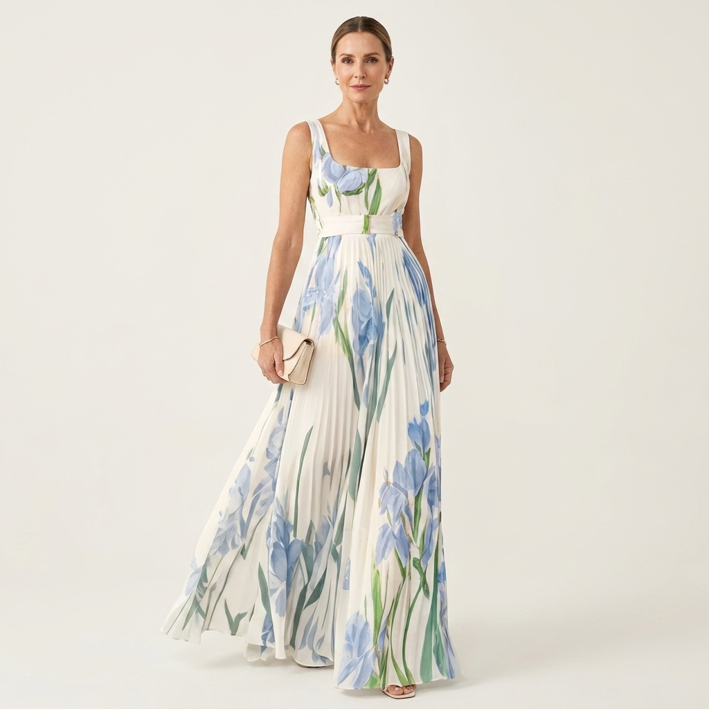 Irene | Floral Pleated Square-Neck Maxi Dress