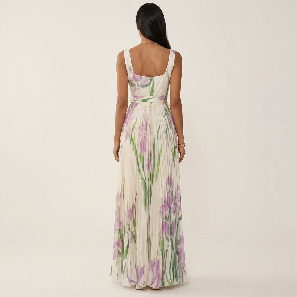 Irene | Floral Pleated Square-Neck Maxi Dress