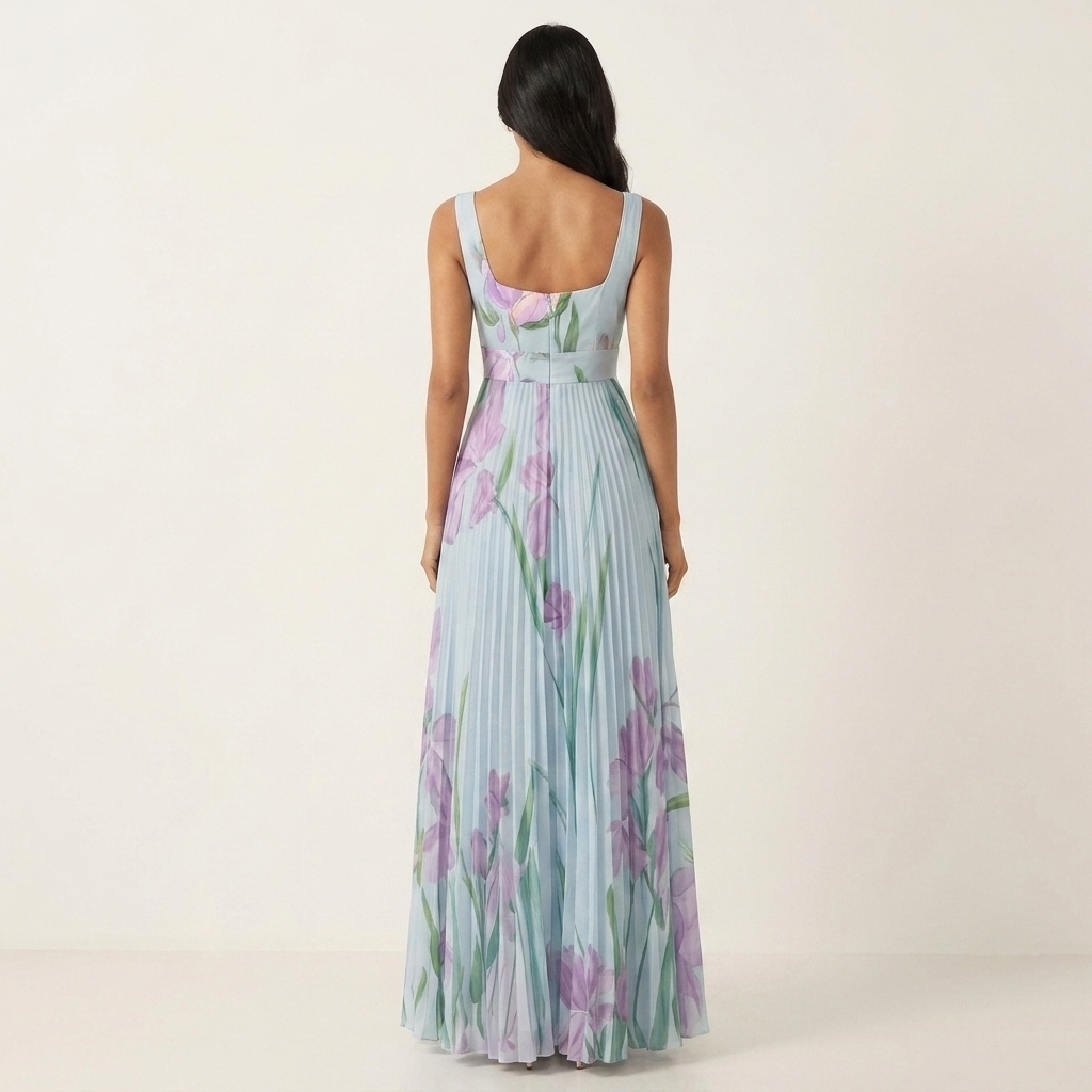 Irene | Floral Pleated Square-Neck Maxi Dress